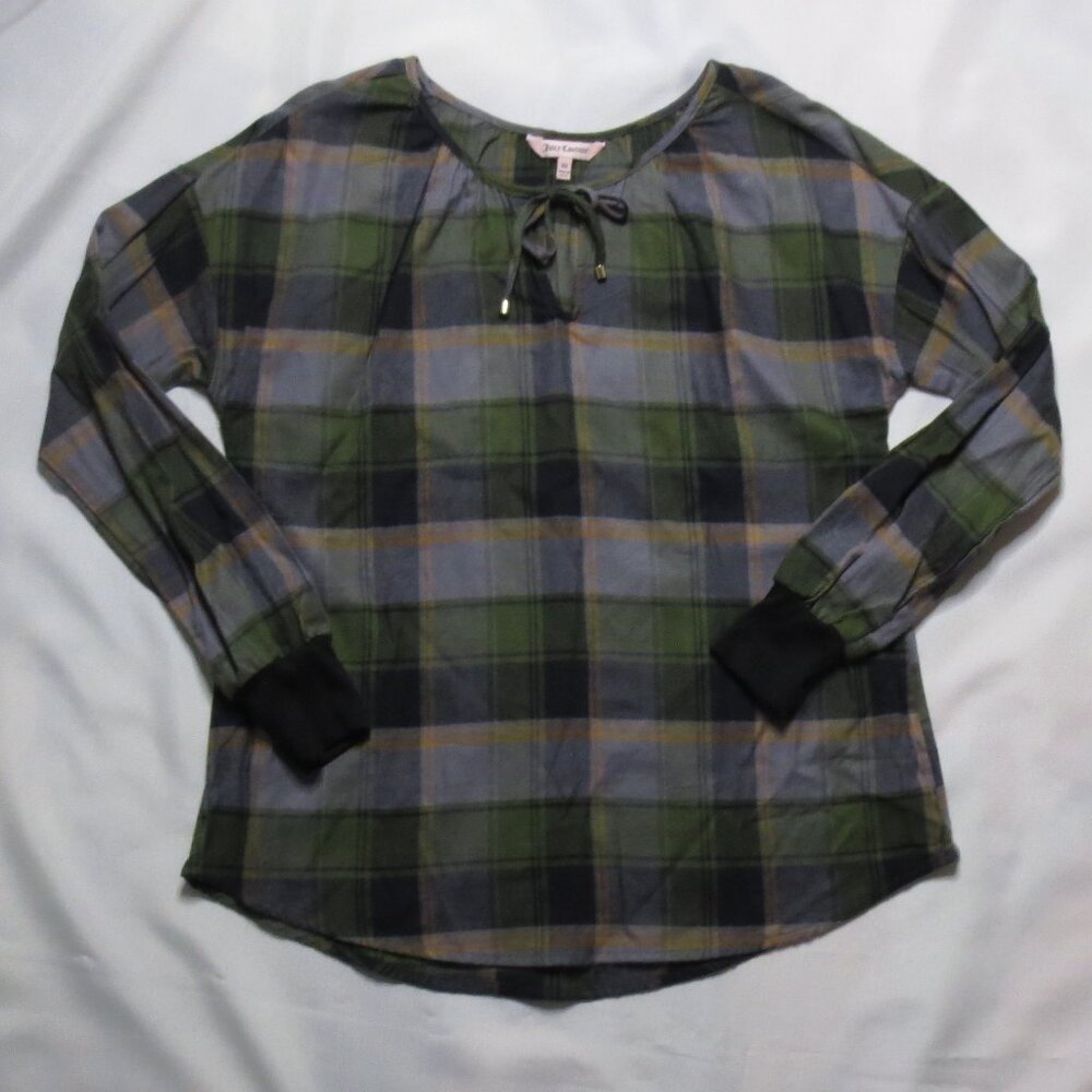 JUICY COUTURE womens SHIRT flannel GREEN blue WARM blouse PLAID boho SIZE XS
